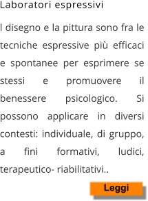 l disegno e la pittura sono fra le tecniche espressive più efficaci e spontanee per esprimere se stessi e promuovere il benessere psicologico. Si possono applicare in diversi contesti: individuale, di gruppo, a fini formativi, ludici, terapeutico- riabilitativi..   Leggi Laboratori espressivi