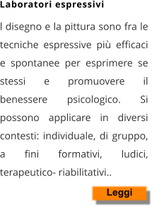 l disegno e la pittura sono fra le tecniche espressive più efficaci e spontanee per esprimere se stessi e promuovere il benessere psicologico. Si possono applicare in diversi contesti: individuale, di gruppo, a fini formativi, ludici, terapeutico- riabilitativi..   Leggi Laboratori espressivi